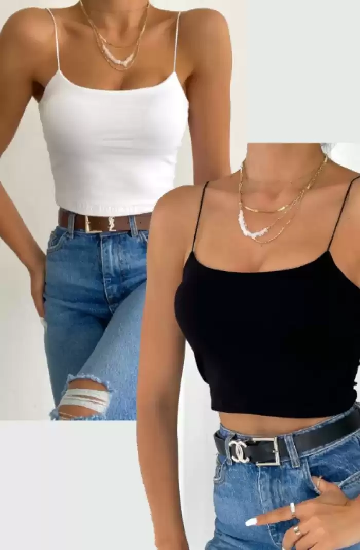 Tam Moda Kadın İp Askılı Crop Bluz Beyaz & Siyah 2li Set - store.datakale.com